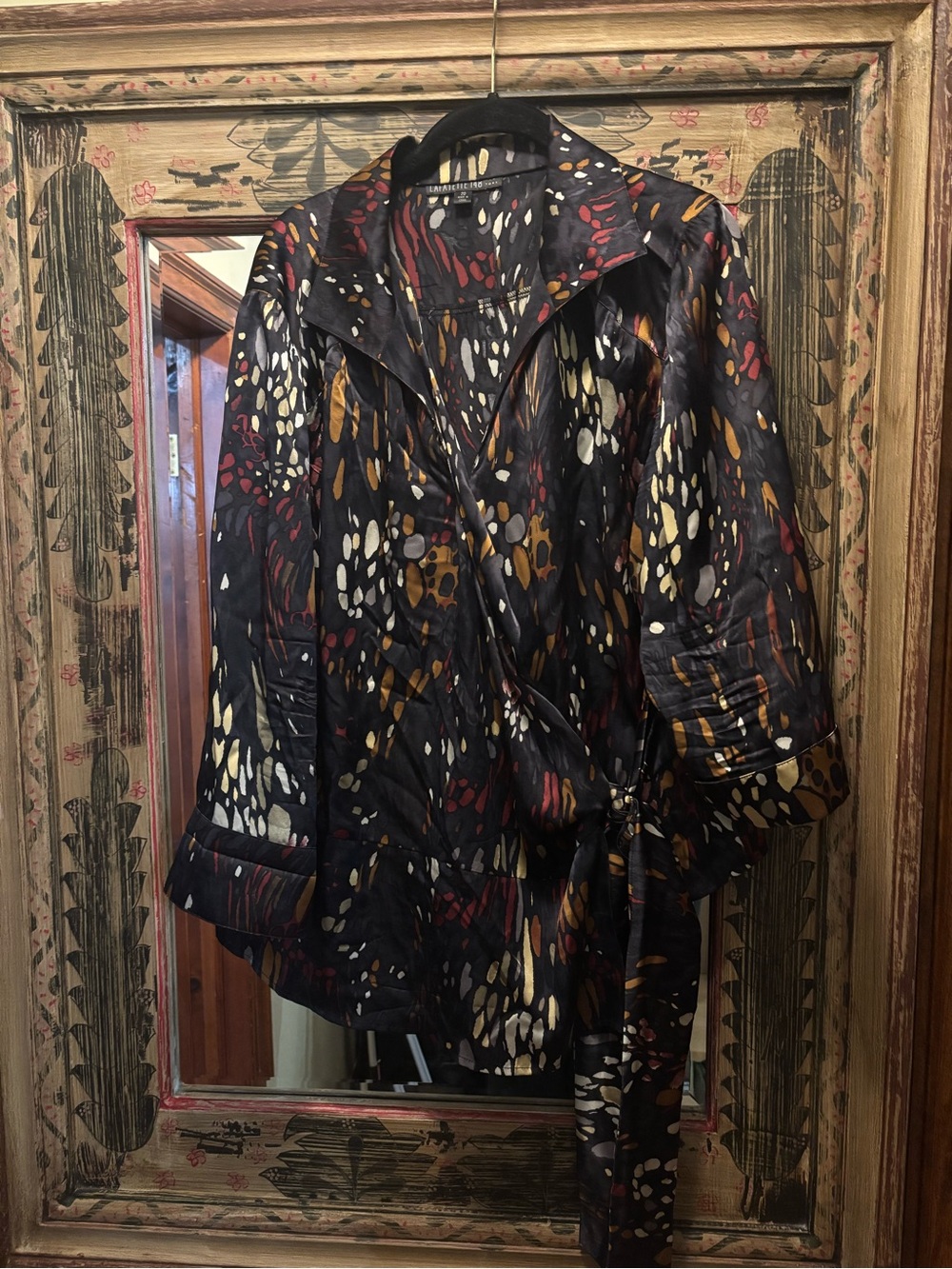 Lafayette 148 New York Black Abstract-Print Tie-Waist Blouse